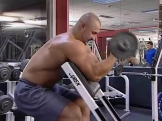 bending the arms with a barbell on an insulating bench